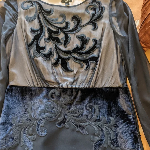 Ann Taylor Silk Chiffon Black Tie Dress with beautiful flock detailing- Size 10P - Picture 3 of 10